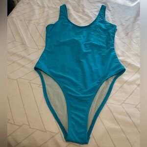 Turquoise One-Piece high cut thigh deep v neck bathing suit